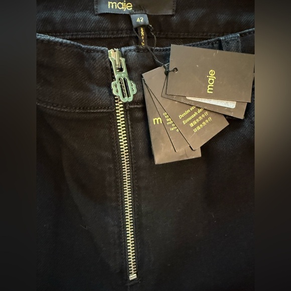 NWT Maje Black Flared Denim With Silver Zipper Logo Detail Size 42/ US 14 - Picture 13 of 14